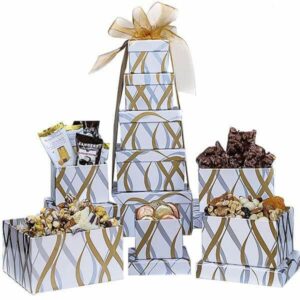 White and Gold Assorted Snack Tower | Gourmet Gift Baskets by GiftBasket.com