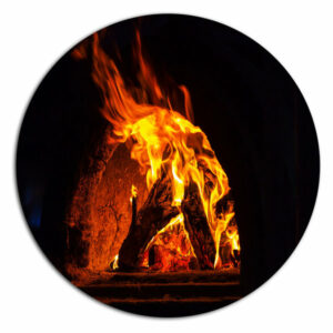 Wood Stove With Fire And Blaze, Abstract Disc Metal Artwork, 23"