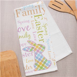 Word Art Personalized Plaid Easter Bunny Dish Towel