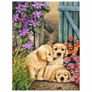 Yellow Labrador Puppies by Lesley Hallas Flag Garden Size HLH0418GF