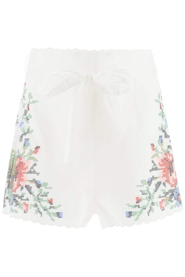 ZIMMERMANN JULIETTE SHORTS WITH EMBROIDERIES 0 White, Red, Green Linen