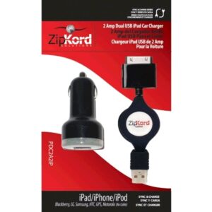 ZipKord Dual USB 2AMP Auto Charger with Retractable Sync & Charge Cable for Apple iPad/iPhone