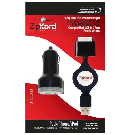 ZipKord Dual USB 2AMP Auto Charger with Retractable Sync & Charge Cable for Apple iPad/iPhone