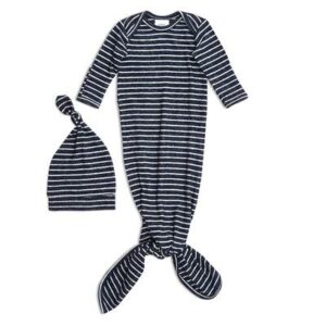 aden + anais navy stripe 0-3 months snuggle knit gown+hat set