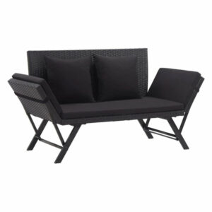 vidaXL Garden Bench w/ Cushions 69.3" Black Poly Rattan Lounge Bed Sea