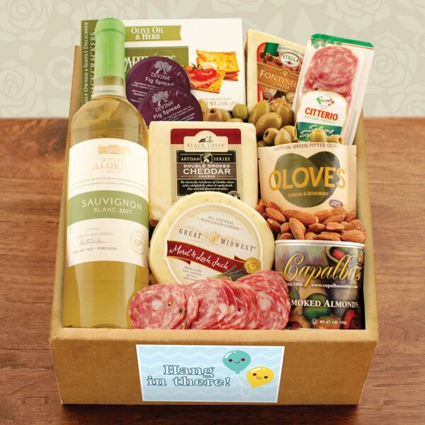 winebasket.com | White Wine, Cheese & Crackers Classic Collection Gift Box - Hang In There