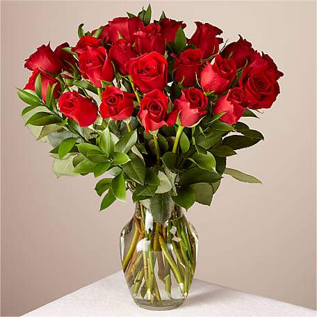 24 Red Roses Bouquet with Glass Vase