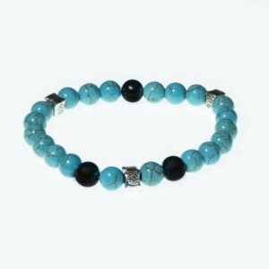 8 mm Blue Magnesite and Man Made Turquoise Adjustable Bracelet with Hematite Beads and Sterling Silver Inserts