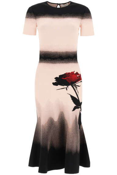 ALEXANDER MCQUEEN KNIT MIDI DRESS WITH ROSE M Pink, Black, Red
