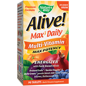 Alive! Max3 Daily Multi-vitamin Max Potency -Energizer with Food Based Blends - Iron Free (90 Tablets)