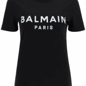 BALMAIN T-SHIRT WITH LOGO PRINT M Black, White Cotton