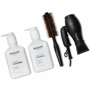 BROCCHI Travel Hair Dryer, Styling Brush, Amino Acid Shampoo & Cleansing Body Wash Bundle