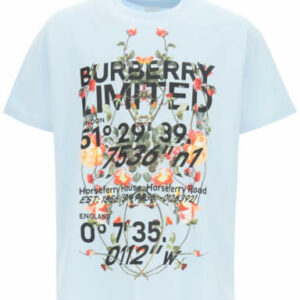 BURBERRY FLORAL PRINT T-SHIRT WITH GEOGRAPHICAL COORDINATES XXS Light blue, Black Cotton