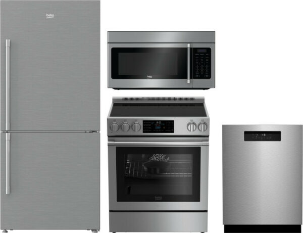 Beko 4 Piece Kitchen Appliances Package with Bottom Freezer Refrigerator, Electric Range, Dishwasher and Over the Range Microwave in Stainless Steel B