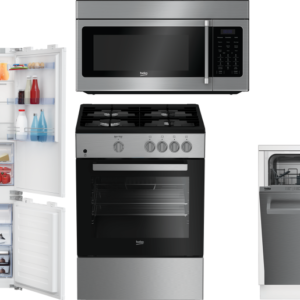 Beko 4 Piece Kitchen Appliances Package with Bottom Freezer Refrigerator, Gas Range, Dishwasher and Over the Range Microwave in Panel Ready BEKRERADWM