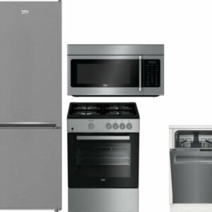 Beko 4 Piece Kitchen Appliances Package with Bottom Freezer Refrigerator, Gas Range, Dishwasher and Over the Range Microwave in Stainless Steel BEKRER