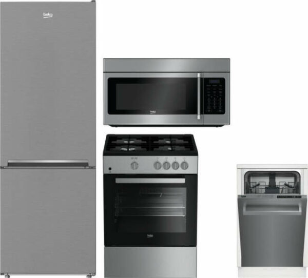 Beko 4 Piece Kitchen Appliances Package with Bottom Freezer Refrigerator, Gas Range, Dishwasher and Over the Range Microwave in Stainless Steel BEKRER