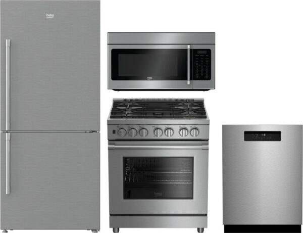 Beko 4 Piece Kitchen Appliances Package with Bottom Freezer Refrigerator, Gas Range, Dishwasher and Over the Range Microwave in Stainless Steel BERERA