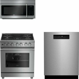 Beko 4 Piece Kitchen Appliances Package with Dual Fuel Range, Gas Range, Dishwasher and Over the Range Microwave in Stainless Steel BEKRERADWMW321