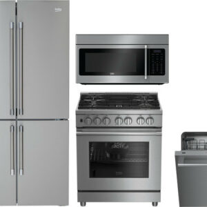 Beko 4 Piece Kitchen Appliances Package with French Door Refrigerator, Dual Fuel Range, Dishwasher and Over the Range Microwave in Stainless Steel BEK