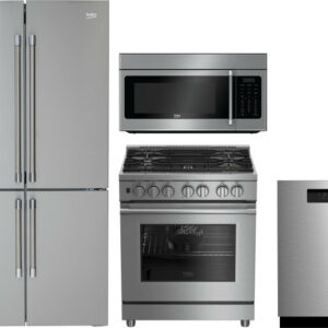 Beko 4 Piece Kitchen Appliances Package with French Door Refrigerator, Dual Fuel Range, Dishwasher and Over the Range Microwave in Stainless Steel BER