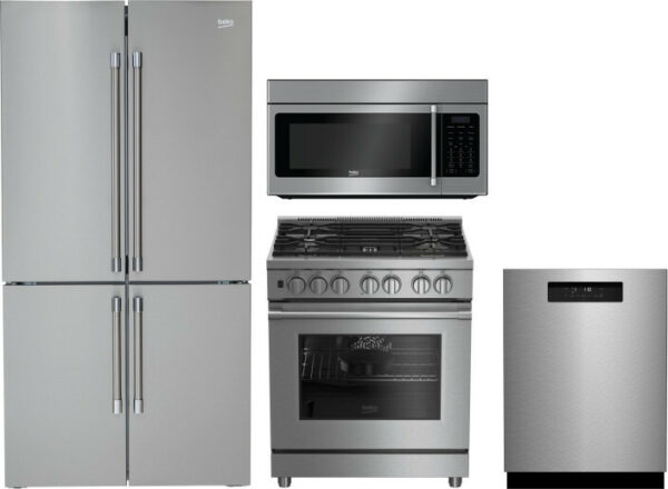 Beko 4 Piece Kitchen Appliances Package with French Door Refrigerator, Dual Fuel Range, Dishwasher and Over the Range Microwave in Stainless Steel BER