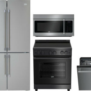 Beko 4 Piece Kitchen Appliances Package with French Door Refrigerator, Electric Range, Dishwasher and Over the Range Microwave in Stainless Steel BEKR