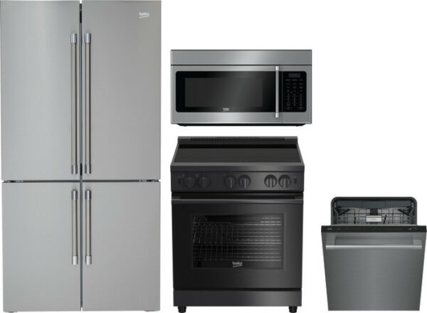 Beko 4 Piece Kitchen Appliances Package with French Door Refrigerator, Electric Range, Dishwasher and Over the Range Microwave in Stainless Steel BEKR