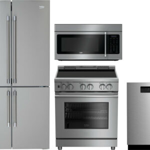 Beko 4 Piece Kitchen Appliances Package with French Door Refrigerator, Electric Range, Dishwasher and Over the Range Microwave in Stainless Steel BERE