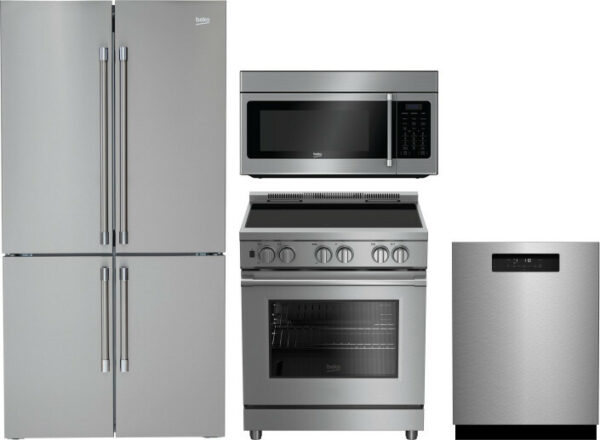 Beko 4 Piece Kitchen Appliances Package with French Door Refrigerator, Electric Range, Dishwasher and Over the Range Microwave in Stainless Steel BERE