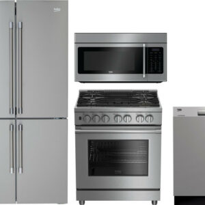 Beko 4 Piece Kitchen Appliances Package with French Door Refrigerator, Gas Range, Dishwasher and Over the Range Microwave in Stainless Steel BEKRERADW