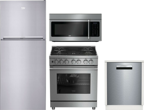 Beko 4 Piece Kitchen Appliances Package with Top Freezer Refrigerator, Dual Fuel Range, Dishwasher and Over the Range Microwave in Stainless Steel BEK