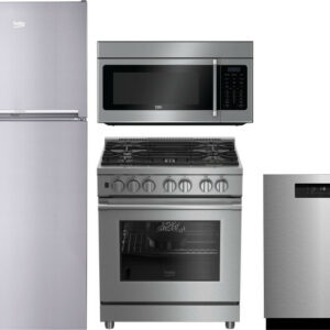 Beko 4 Piece Kitchen Appliances Package with Top Freezer Refrigerator, Dual Fuel Range, Dishwasher and Over the Range Microwave in Stainless Steel BER