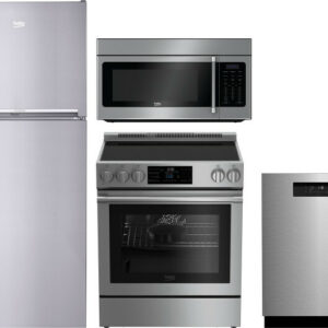 Beko 4 Piece Kitchen Appliances Package with Top Freezer Refrigerator, Electric Range, Dishwasher and Over the Range Microwave in Stainless Steel BEKR