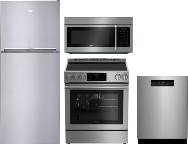 Beko 4 Piece Kitchen Appliances Package with Top Freezer Refrigerator, Electric Range, Dishwasher and Over the Range Microwave in Stainless Steel BEKR