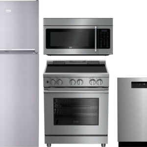 Beko 4 Piece Kitchen Appliances Package with Top Freezer Refrigerator, Electric Range, Dishwasher and Over the Range Microwave in Stainless Steel BERE