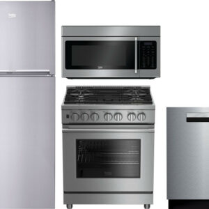 Beko 4 Piece Kitchen Appliances Package with Top Freezer Refrigerator, Gas Range, Dishwasher and Over the Range Microwave in Stainless Steel BEKRERADW