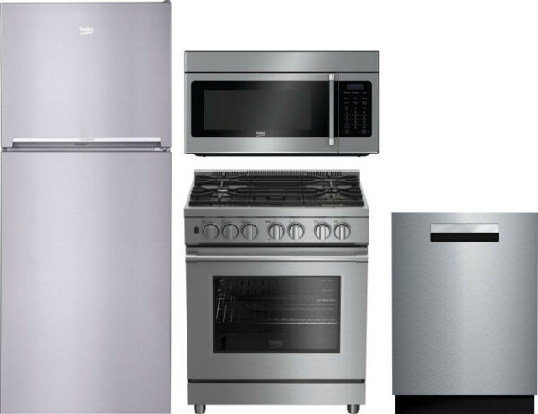 Beko 4 Piece Kitchen Appliances Package with Top Freezer Refrigerator, Gas Range, Dishwasher and Over the Range Microwave in Stainless Steel BEKRERADW