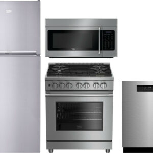 Beko 4 Piece Kitchen Appliances Package with Top Freezer Refrigerator, Gas Range, Dishwasher and Over the Range Microwave in Stainless Steel BERERADWM