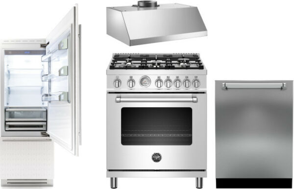 Bertazzoni 4 Piece Kitchen Appliances Package with Bottom Freezer Refrigerator, Gas Range and Dishwasher in Panel Ready BERERARHDW1