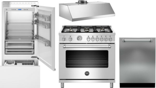 Bertazzoni 4 Piece Kitchen Appliances Package with Bottom Freezer Refrigerator, Gas Range and Dishwasher in Panel Ready BERERARHDW17