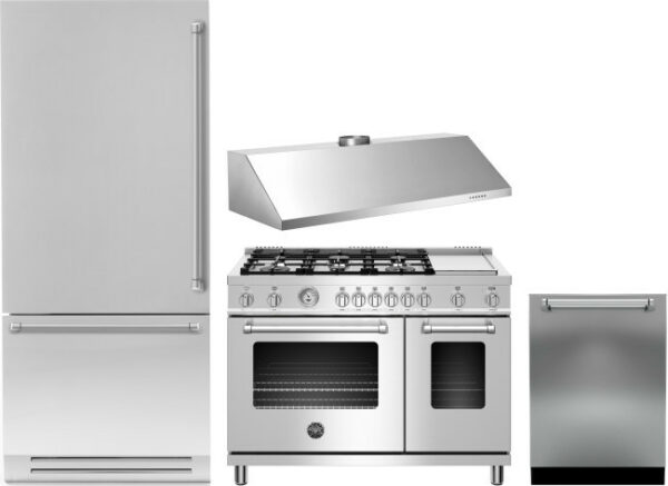 Bertazzoni 4 Piece Kitchen Appliances Package with Bottom Freezer Refrigerator, Gas Range and Dishwasher in Stainless Steel BERADWMWRH256