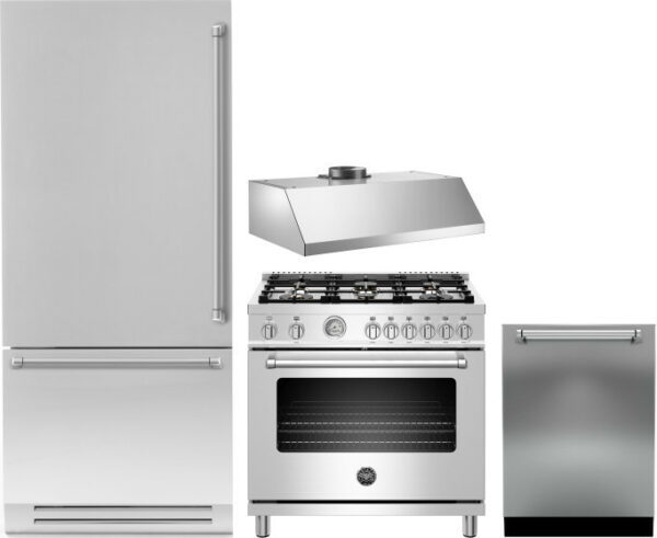 Bertazzoni 4 Piece Kitchen Appliances Package with Bottom Freezer Refrigerator, Gas Range and Dishwasher in Stainless Steel BERERARHDW21