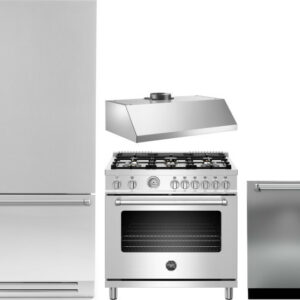 Bertazzoni 4 Piece Kitchen Appliances Package with Bottom Freezer Refrigerator, Gas Range and Dishwasher in Stainless Steel BERERARHDW22