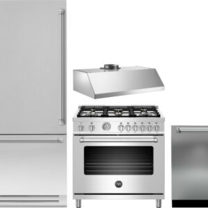 Bertazzoni 4 Piece Kitchen Appliances Package with Bottom Freezer Refrigerator, Gas Range and Dishwasher in Stainless Steel BERERARHDW24