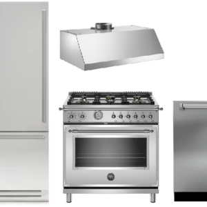 Bertazzoni Heritage 4 Piece Kitchen Appliances Package with Bottom Freezer Refrigerator, Gas Range and Dishwasher in Stainless Steel BERERADWRH31