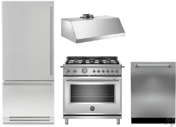 Bertazzoni Heritage 4 Piece Kitchen Appliances Package with Bottom Freezer Refrigerator, Gas Range and Dishwasher in Stainless Steel BERERADWRH31