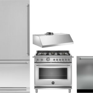 Bertazzoni Heritage 4 Piece Kitchen Appliances Package with Bottom Freezer Refrigerator, Gas Range and Dishwasher in Stainless Steel BERERADWRH37