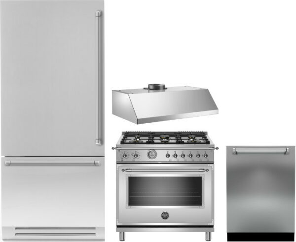 Bertazzoni Heritage 4 Piece Kitchen Appliances Package with Bottom Freezer Refrigerator, Gas Range and Dishwasher in Stainless Steel BERERADWRH37