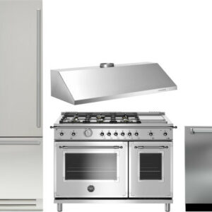 Bertazzoni Heritage 4 Piece Kitchen Appliances Package with Bottom Freezer Refrigerator, Gas Range and Dishwasher in Stainless Steel BERERADWRH42